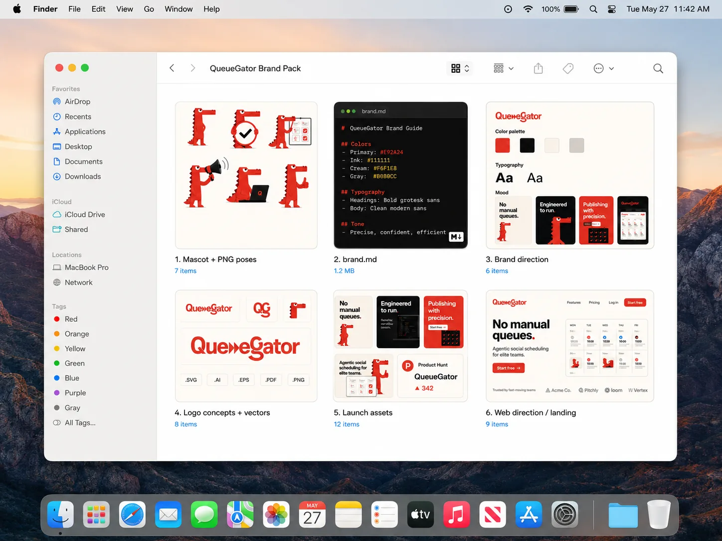 A finished brand pack: mascot, logo, brand.md, brand direction and web assets as files